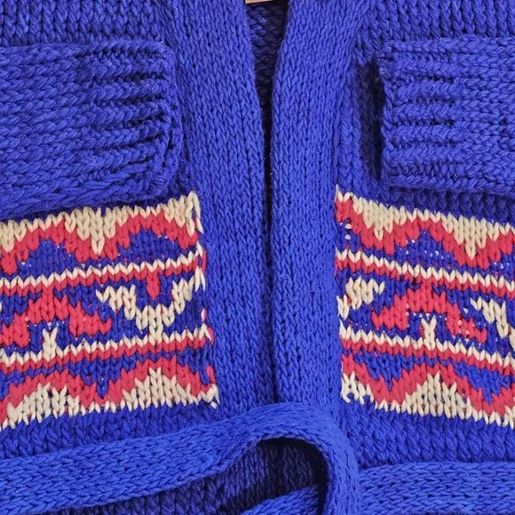 Camp Kitschy Knit Blue Chunky Wool Open Front Belt Starsky Cardigan Size 52 NWT